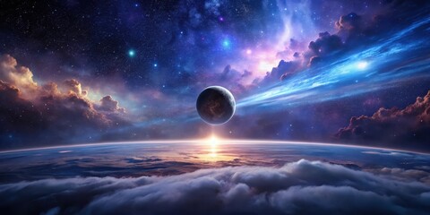 Wall Mural - a celestial sunrise over a swirling cloudscape, with a distant planet and vibrant nebulae illuminati