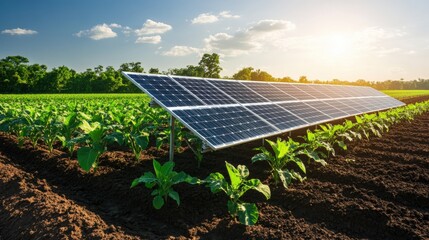 field of green crops with a large solar panel in the background under a clear blue sky