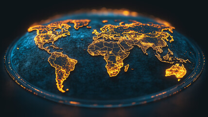 Poster - Global Network: A stylized, glowing digital representation of the world map, highlighting interconnectedness and global communication. The continents are rendered in vibrant orange.