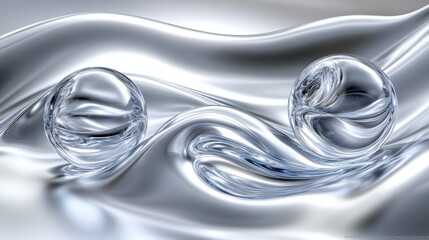 Abstract Silver Metallic Spheres on Flowing Waves