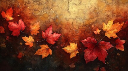 Poster - Delicate autumn leaves painted rich watercolor tones of gold and crimson scattered across a textured background capturing the beauty of fall's onset