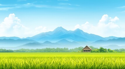 Poster - Lush Green Field Under Clear Blue Sky with Mountains