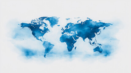Poster - World Map Watercolor: A serene watercolor painting of a world map in calming shades of blue, evokes a sense of global connection and wanderlust.