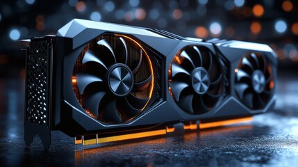 Poster - Detailed rendering of modern GPU with three cooling fans black matte casing and reflective metallic accents shown in high resolution with intricate textures and lighting effects