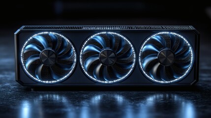 Poster - Detailed rendering of modern GPU with three cooling fans black matte casing and reflective metallic accents shown in high resolution with intricate textures and lighting effects