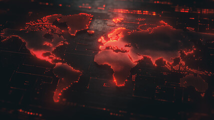 Poster - Global Network in Red Alert: A dramatic, stylized depiction of a world map ablaze in red, symbolizing global connectivity, crisis, or urgent communication.  The dark.