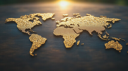 Poster - Golden World Map: A textured golden world map basks in the warm glow of the setting sun, evoking a sense of global connection and unity.