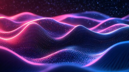 Fototapete - Digital blue pink neon lines with a geometric threedimensional design and abstract wave textures creating a vibrant and modern background