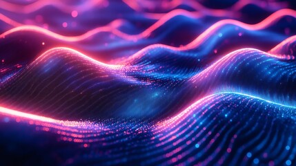 Poster - Digital blue pink neon lines with a geometric threedimensional design and abstract wave textures creating a vibrant and modern background