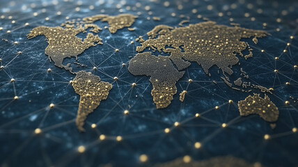 Poster - Global Network Connection: A mesmerizing visualization of the world map, depicted as a glowing network of interconnected points.