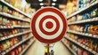© Amigo - Red target sign stands prominently in a grocery store aisle filled with various products during the day