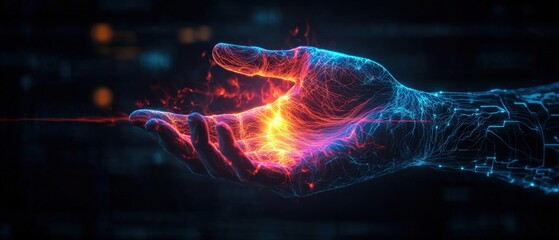 Poster - Hand holding a glowing sphere emitting light in a dark environment