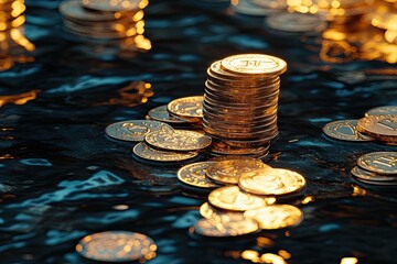 Poster - A collection of gold coins stacked as money highlights the concept of financial growth and corporate economy, achieved through strategic investments in valuable assets