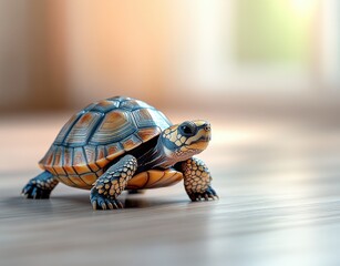 Poster - Realistic and Detailed Wooden Turtle Sculpture on a Wooden Floor with Soft Lighting and Natural Background for Decoration and Art