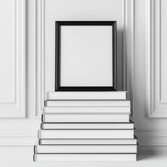 Poster - A minimalist display featuring a blank frame atop a stack of white books against a clean wall, symbolizing creativity and potential. Copy space