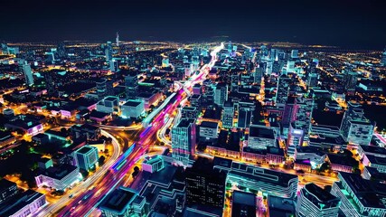 Aufkleber - Futuristic city skyline illuminated by neon lights at night showcasing VFX and HUD elements