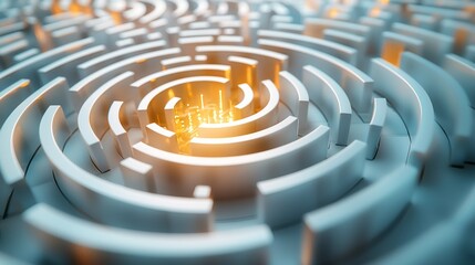 Poster - A complex white maze coils inward, leading to a softly illuminated core. The design creates a sense of depth and intrigue in a dreamlike, abstract environment