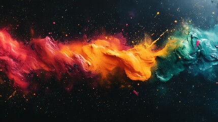 Poster - Dynamic ink splatters bright hues of orange green and magenta spread across a dark background forming an energetic and abstract pattern with striking contrasts