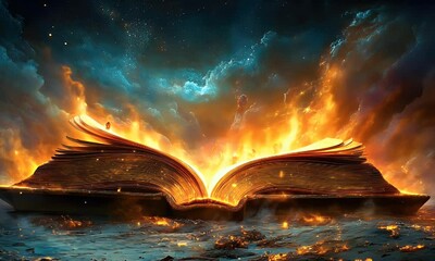Wall Mural - An open book engulfed in flames, set against a cosmic backdrop, symbolizing knowledge and transformation.
