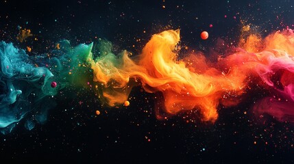 Fototapete - Dynamic ink splatters bright hues of orange green and magenta spread across a dark background forming an energetic and abstract pattern with striking contrasts