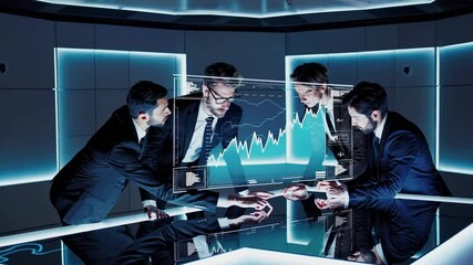 Poster - Men in suits interact with holographic technology in a futuristic workspace at night