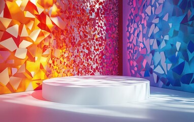 Poster - A vibrant studio backdrop featuring geometric shapes and colorful lighting for creative photography or artistic presentations. Copy space