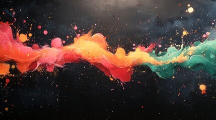 Poster - Dynamic ink splatters bright hues of orange green and magenta spread across a dark background forming an energetic and abstract pattern with striking contrasts