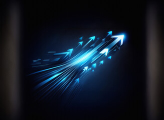 Aufkleber - Glowing blue arrows streak across a dark background, symbolizing rapid growth and progress.  The dynamic composition conveys speed and upward mobility.