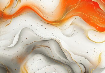 Poster - Vibrant abstract fluid art featuring waves of orange, white, and gray with subtle sparkles and a smooth texture. Copy space