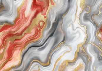 Poster - Abstract fluid design featuring swirling red, gold, gray, and white tones, perfect for backgrounds or artistic projects. Copy space