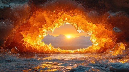 Wall Mural - fiery sunset viewed through an ice cave opening.