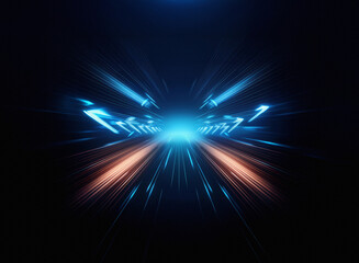 Poster - Abstract image depicting a high-speed motion blur effect, creating a dynamic, futuristic tunnel of light.  Blue and orange streaks converge towards a bright center, suggesting rapid movement and techn