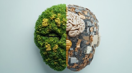 Poster - brain shaped from tree branches and computer circuitry representing nature and technology integratio