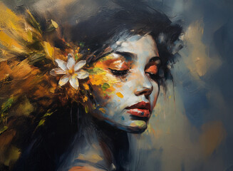Poster - A serene portrait of a woman adorned with vibrant, abstract floral elements.  Her closed eyes suggest tranquility amidst a burst of warm and cool colors.