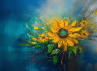 Aufkleber - A vibrant oil painting of sunflowers in a vase, set against a blurred teal background.  The sunflowers are depicted with impasto technique, creating texture and depth.