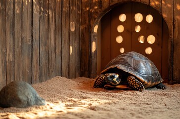 Poster - Serene Turtle in Natural Habitat with Soft Sand and Wooden Background Illuminated by Warm Light in a Cozy Enclosure