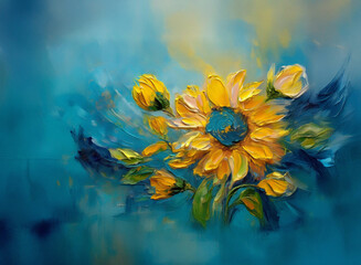 Aufkleber - A vibrant oil painting depicts a sunflower and buds against a teal background.  The impasto style adds texture and depth to the floral arrangement.