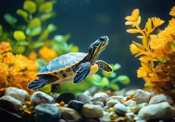 Poster - Serene Turtle Swimming Gracefully in Aquatic Environment Surrounded by Colorful Plants and Pebbles Under Soft Illuminated Water
