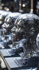 Poster - Futuristic sci-fi image depicting a row of humanoid robots in a factory
