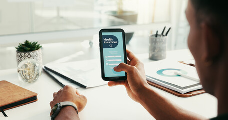 Poster - Phone, healthcare and hands of person with insurance for health, medical aid and policy. Screen, home office and worker on smartphone for online application, claims and protection on mobile app