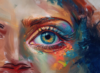 Poster - Close-up of a vibrant, abstract painting depicting a woman's eye.  Bold colors and impasto technique create a textured, emotional effect. Hints of surrounding face are visible.