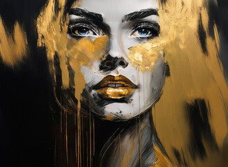 Poster - A woman's portrait, rendered in grayscale with striking gold accents, evokes a sense of mystery and elegance. The gold appears as dripping paint, adding a dramatic, abstract element.
