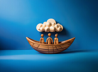 Aufkleber - Wooden boat carrying three figures under a cloud, sailing on a blue background.  Symbolic of teamwork, journey, and shared destiny.