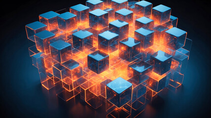 Poster - Interconnected transparent cubes in an abstract technology composition
