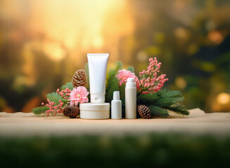 Poster - White cosmetic products arranged on a rustic surface with pine cones and flowers. Warm, sunset-like background.  Natural beauty, skincare routine.