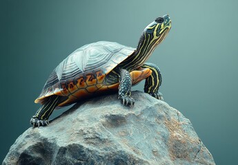 Poster - Striking Turtle on a Rock with Vibrant Shell Colors Against a Soft Blue Background, Showcasing Nature's Beauty and Wildlife Diversity