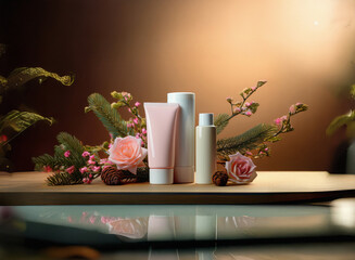 Poster - Elegant beauty products displayed with delicate pink roses and lush greenery against a warm brown background.  A luxurious and calming aesthetic.