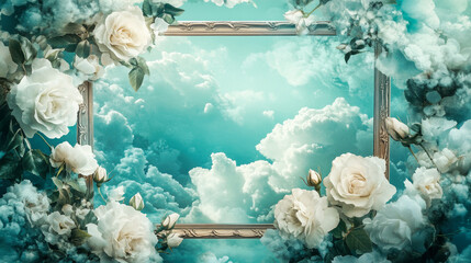 Wall Mural - elegant decorative frame surrounded by clouds and white roses