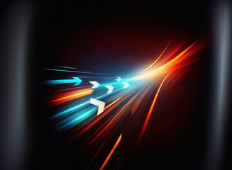 Poster - Abstract artwork depicting vibrant, opposing streaks of light resembling a dynamic, high-speed path with directional arrows.  The color palette is dominated by contrasting blues and oranges.