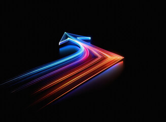Aufkleber - Vibrant, multicolored light trails form an arrow pointing upward against a black background.  The glowing lines suggest movement and progress.